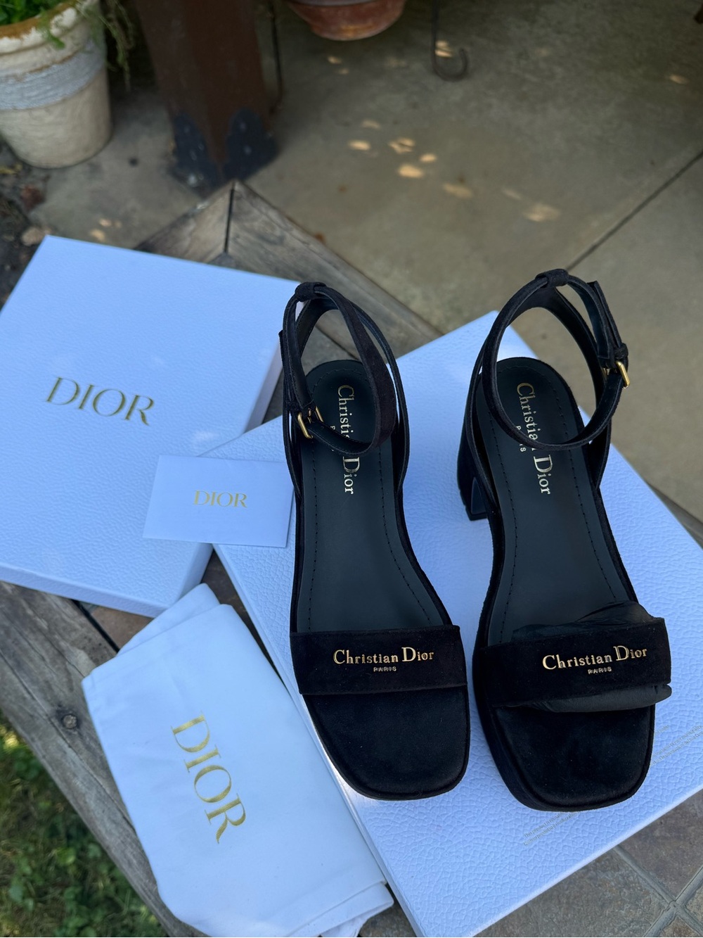 Dior Black Suede Ankle-Strap Block Heel Sandals with Gold Logo